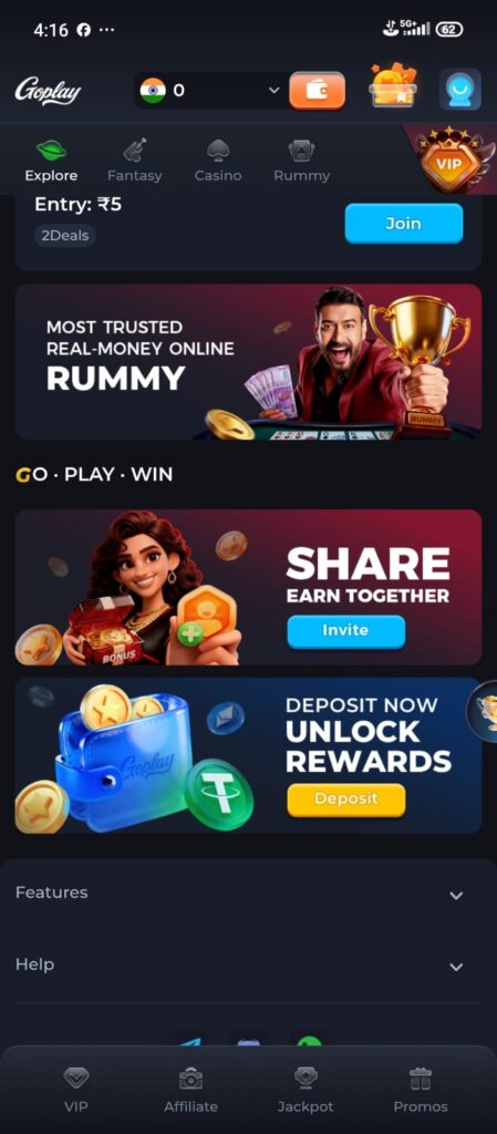 GoPlay app gaming dashboard with multiple online games and reward system